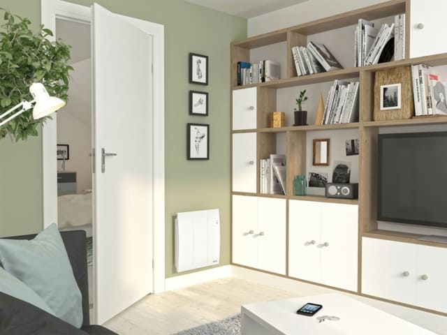 salon cosy vert sauge avec radiateur compact