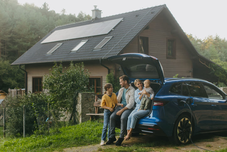 famille rechargeant une voiture electrique a la maison